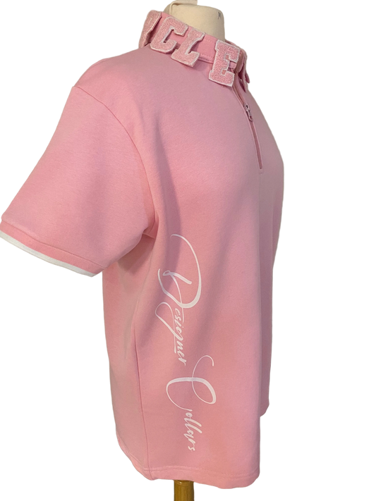 Baby Pink & White Quarter Zip Signature Polo Designer Collar