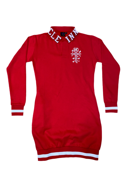 Women Red & White Designer Collar Body Dress